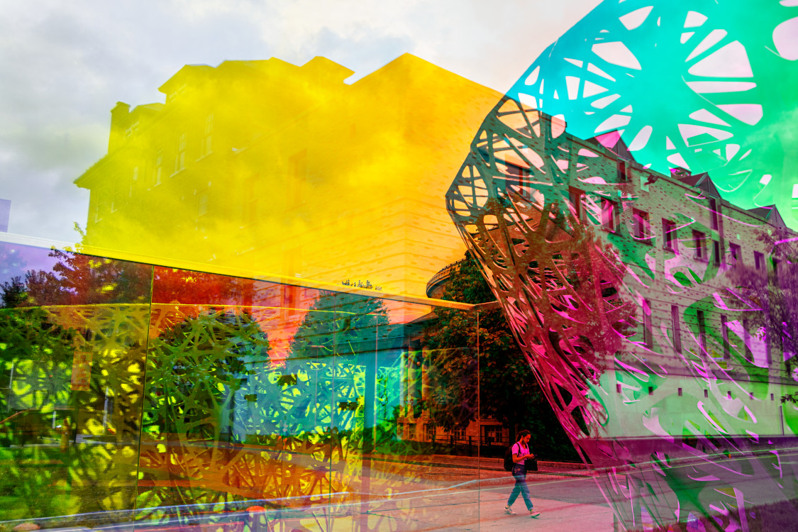 Colors pop in the glass walls of the PolyForm installation.