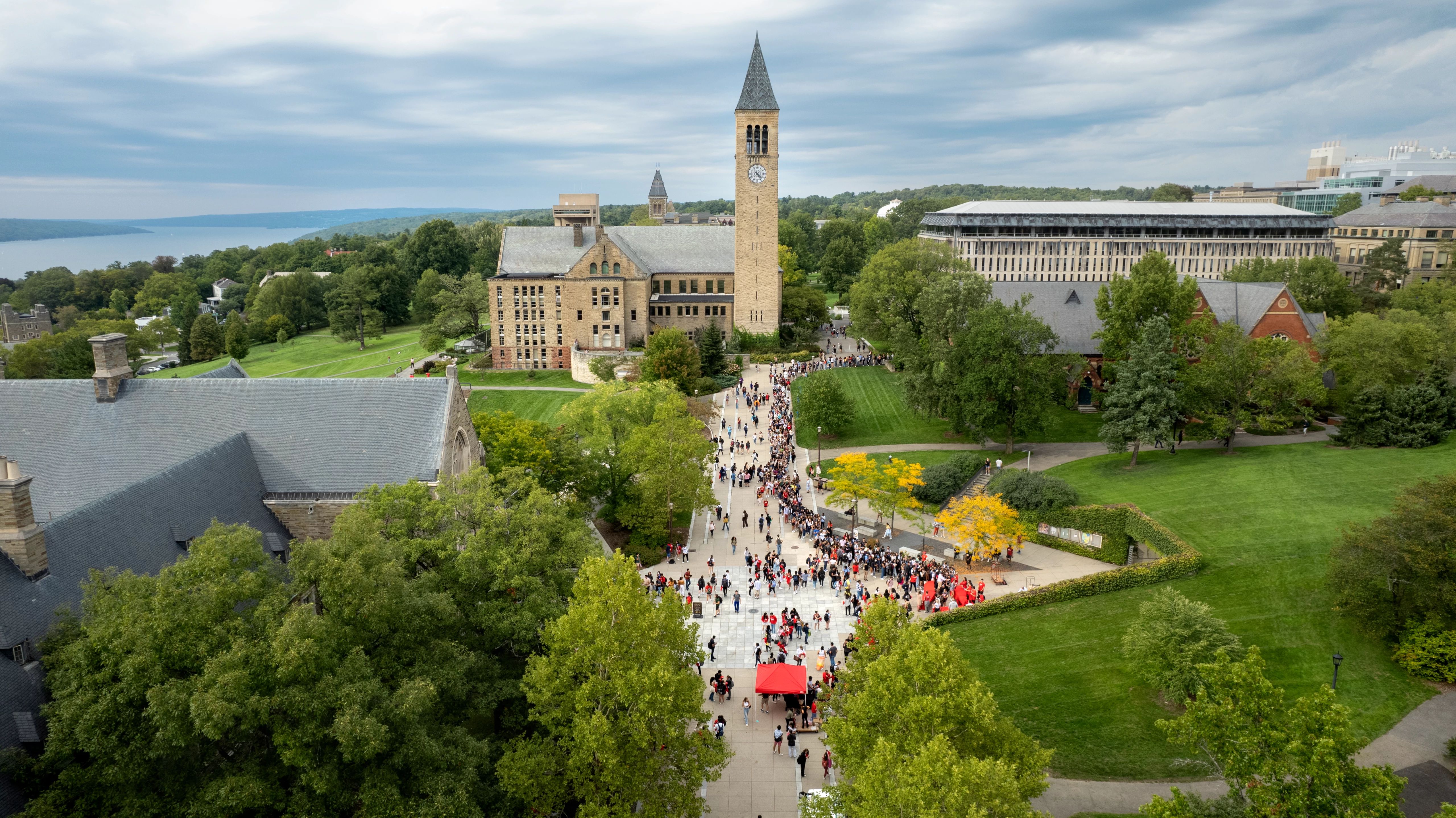 Aerial view of campus as students participate in the Big Red Chalk Challenge on Ho Plaza.