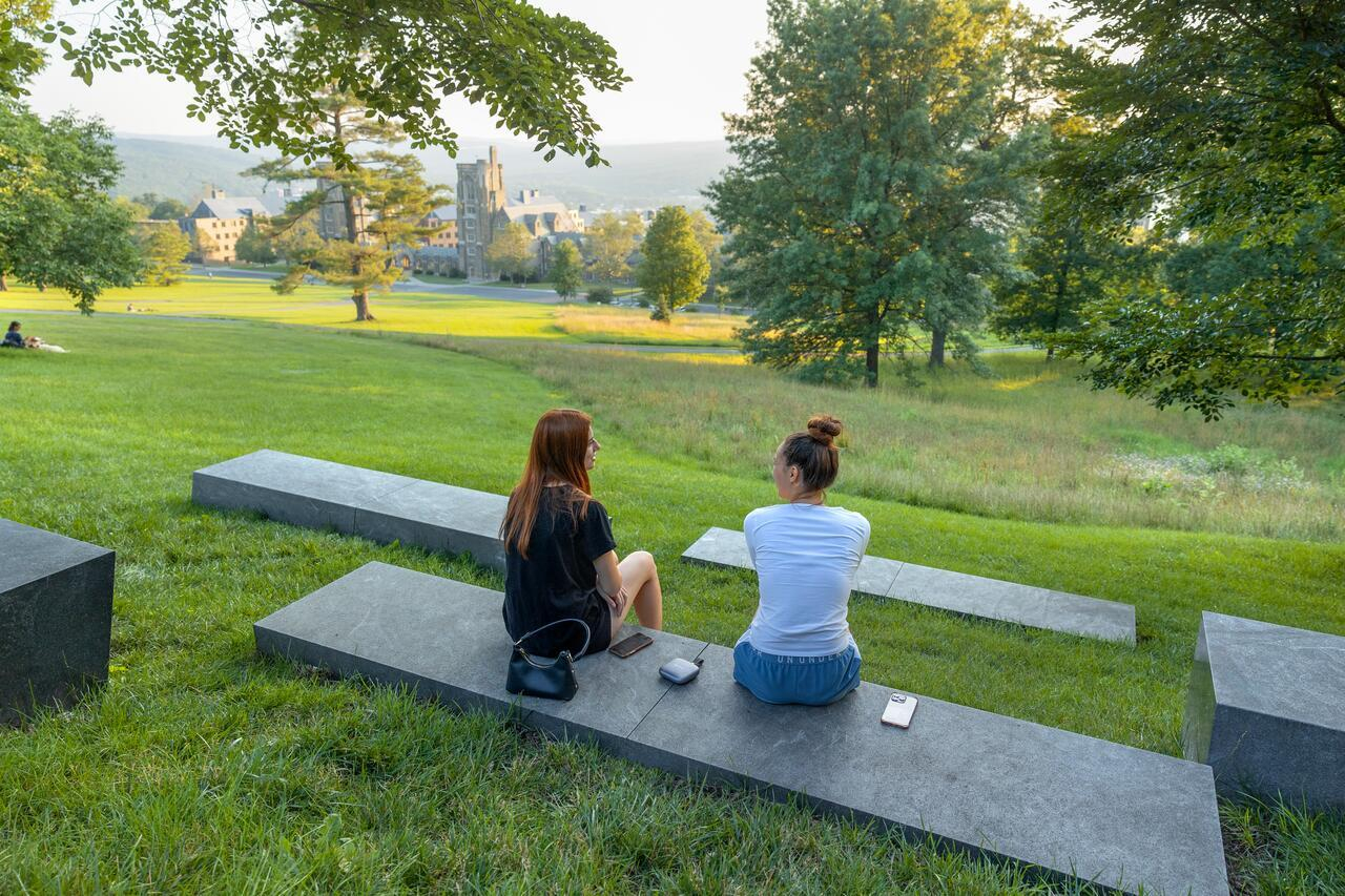 Students relax in the The Sesquicentennial Commemorative Grove on Libe Slope during summer session.