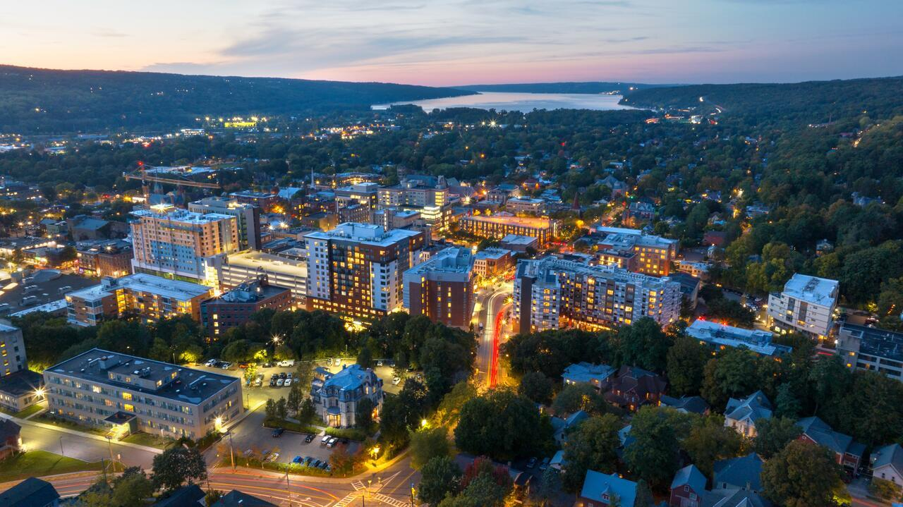 A view of downtown Ithaca at Sunset.