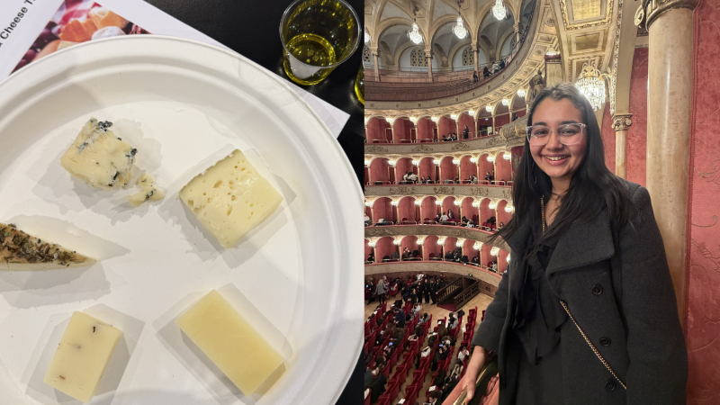 Wine and olive oil tasting plate and Sara in the theater.
