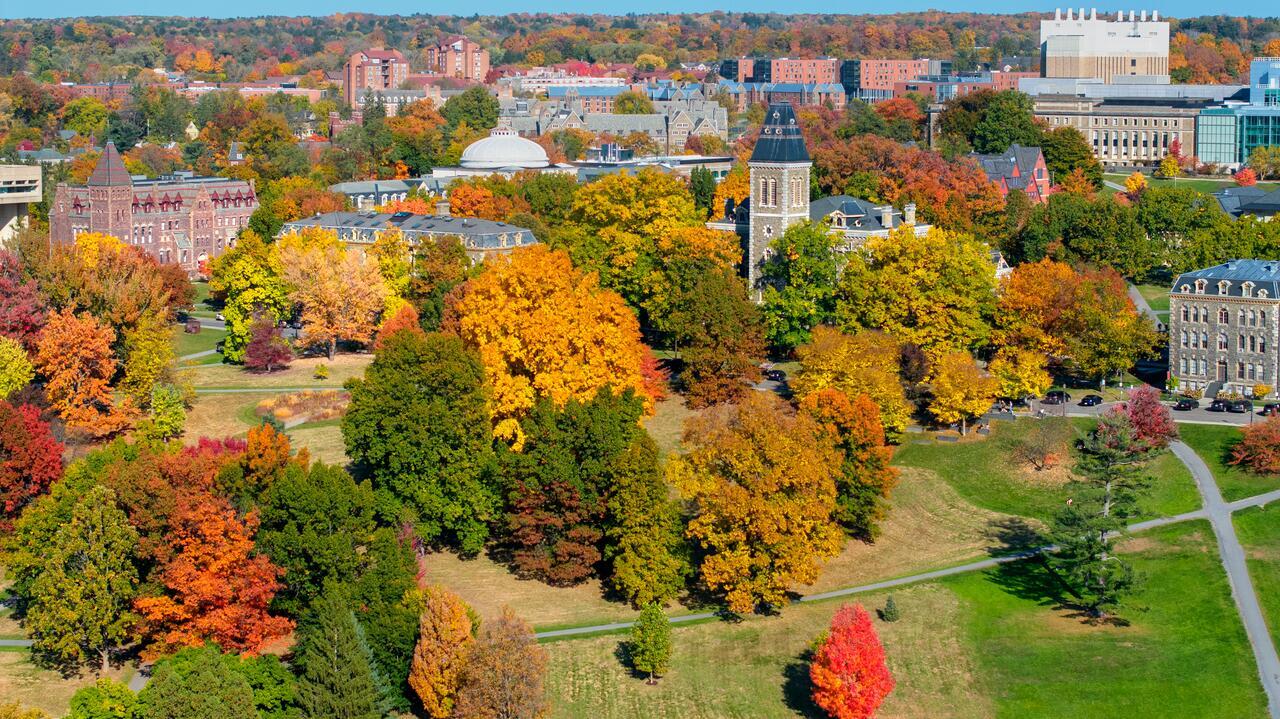 Aerial shots of campus in fall.