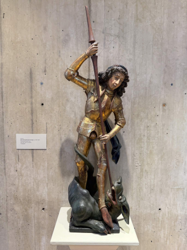 Saint George Slaying the Dragon statue in the Johnson Museum of Art.