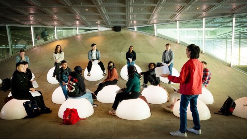 Students in the College of Architecture, Art and Planning participate in a class under Milstein Hall.