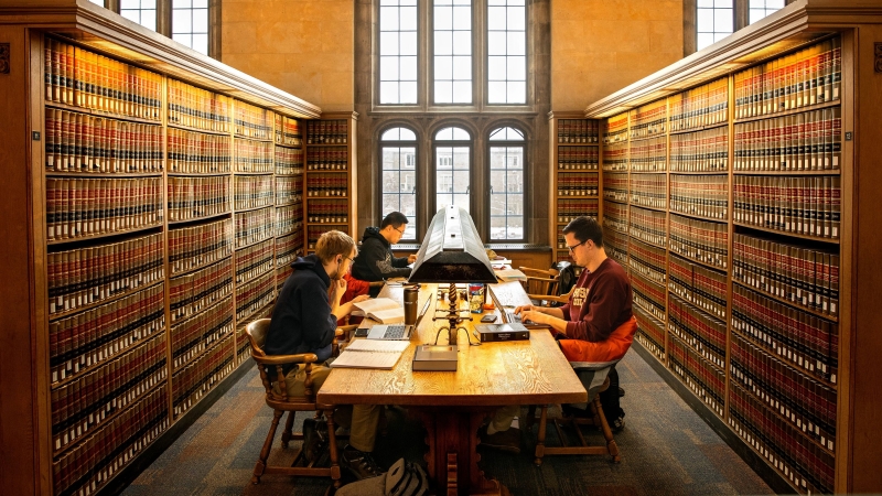 Law students study for finals in the Law Library of Myron Taylor Hall.