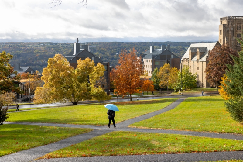 The sun shines on Libe Slope during a break in a rainy fall afternoon..