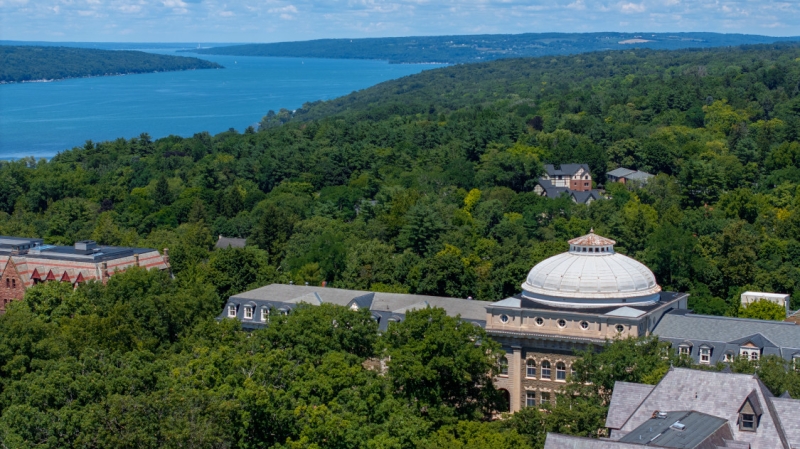 Aerial view of campus and Cayuga Lake.