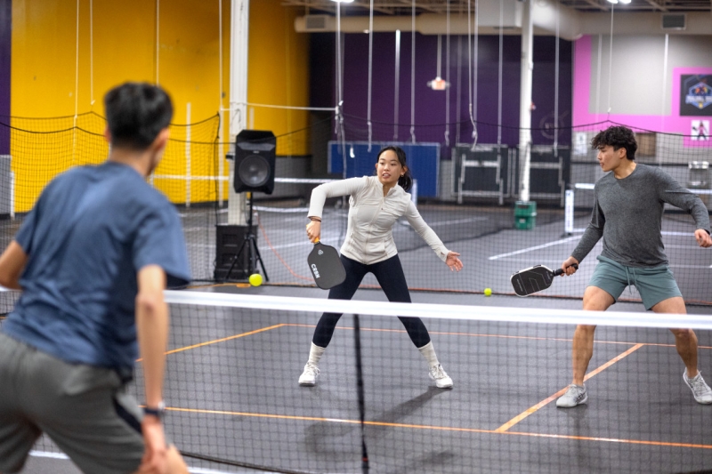 Rachel Zhang ’27 and Jason Cho ’27 practice pickleball at Pickleball Mania at the Shops at Ithaca Mall.