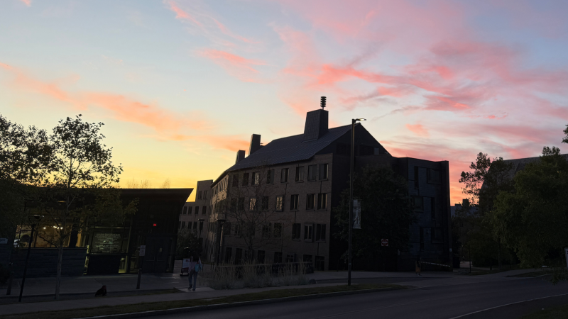 An early morning view of buildings on campus.