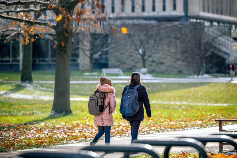 Students walking to class through the Arts Quad on a bright December day.