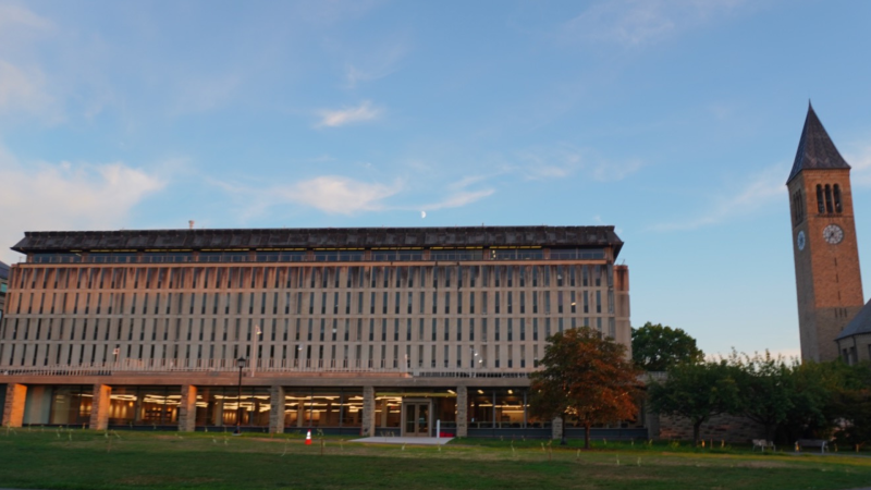 A view of the clocktower across the arts quad.