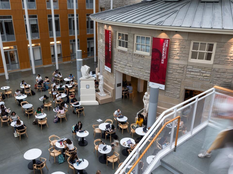 Students work in the Gross Family Atrium in Klarman Hall on the first day of classes.
