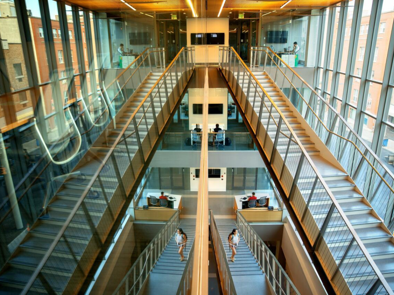 The interior of the Breazzano Family Center for Business Education in Collegetown.