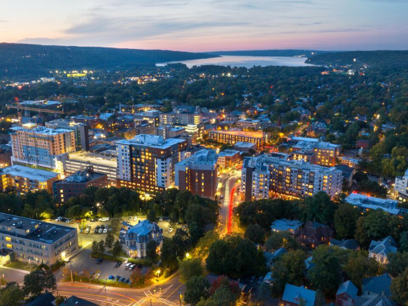 Downtown Ithaca is seen at sunset.