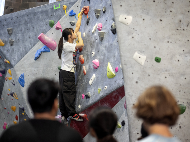 A climbing class at the Lindseth Climbing Center in Bartels Hall.