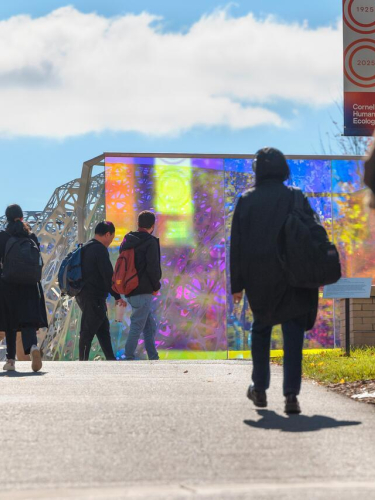 Students pass by the polyform sculpture near MVR.