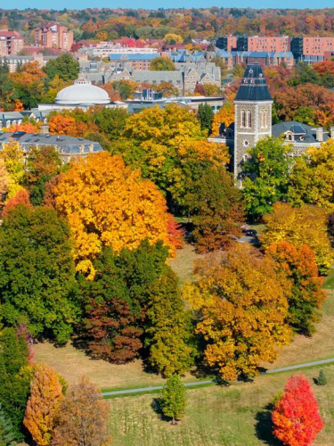 Aerial shots of campus in fall.