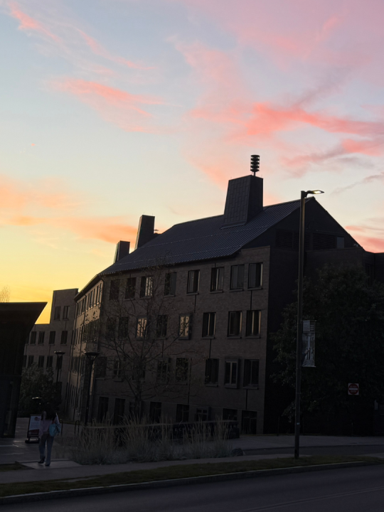 An early morning view of buildings on campus.