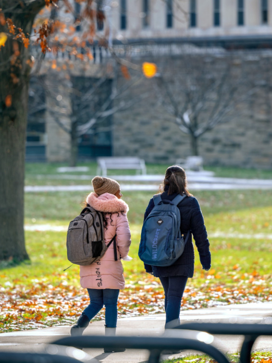 Students walking to class through the Arts Quad on a bright December day.