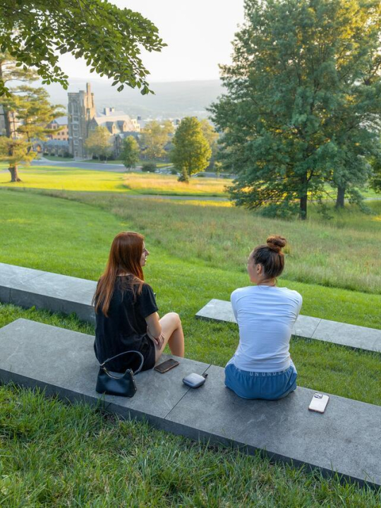 Students relax in the The Sesquicentennial Commemorative Grove on Libe Slope during summer session.