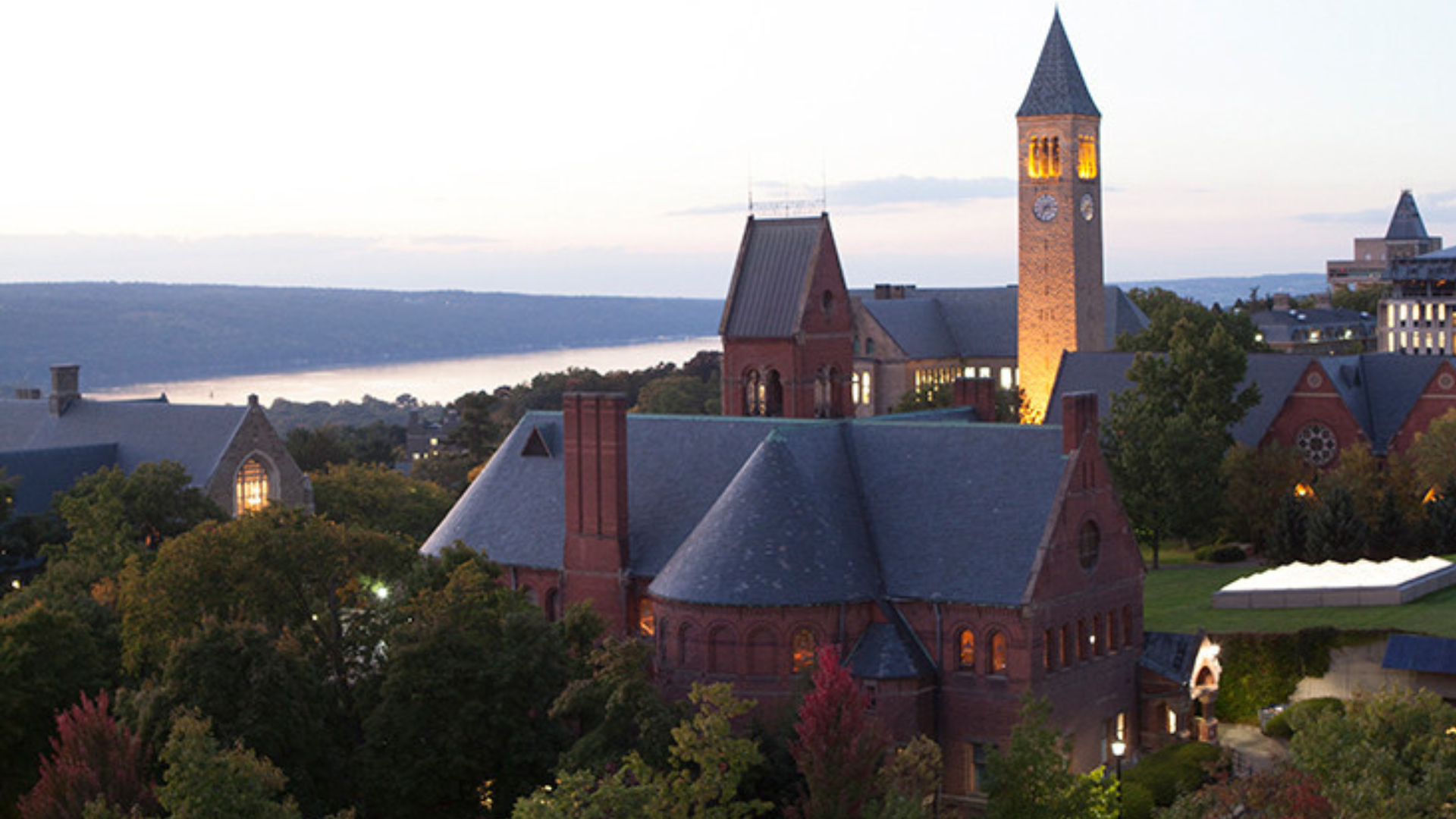 Central campus at dusk in summer.